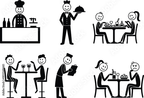 Restaurant service and dining icons stick figures on white background Keywords: restaurant, dining, eating, food, service