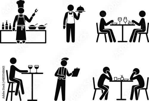 Restaurant service and dining icons stick figures on white background Keywords: restaurant, dining, eating, food, service