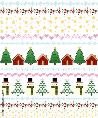 Christmas seamless pattern with trees, houses, snowflakes, and festive ornaments in red, green, and white tones for holiday textile and winter decor design