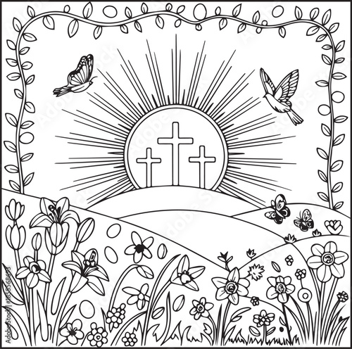 Happy easter day coloring page for kids and adults black line art illustration for print ready vector elements