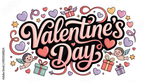 Valentine's Day illustration: An artistic rendering captures the spirit of Valentine's Day. Featuring hearts, gifts, and a lovely cupid, it embodies love, romance, and the special occasion. 