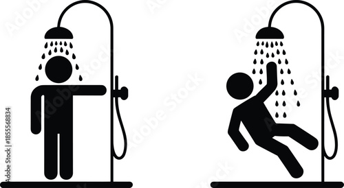 Shower Safety Icons Showing Person Standing and Person Slipping Keywords: shower, icon, safety, pictogram, person, man, standing
