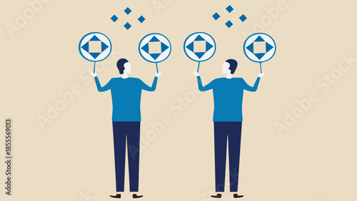 Flat vector artwork of two people holding up circular signs with geometric shapes on a beige
