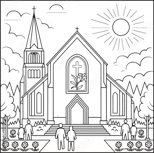 Happy easter day coloring page for kids and adults black line art illustration for print ready vector elements