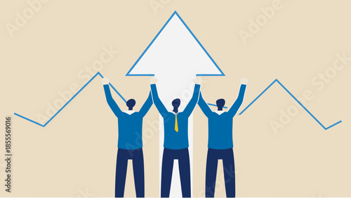 Flat vector artwork of a team launching an abstract growth concept with arrow and graph lines