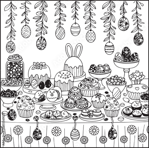 Happy easter day coloring page for kids and adults black line art illustration for print ready vector elements