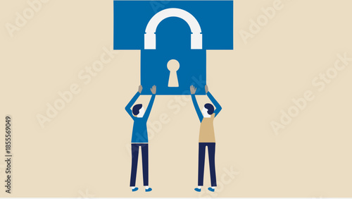 Vector artwork of two people unlocking a large symbolic padlock representing freedom