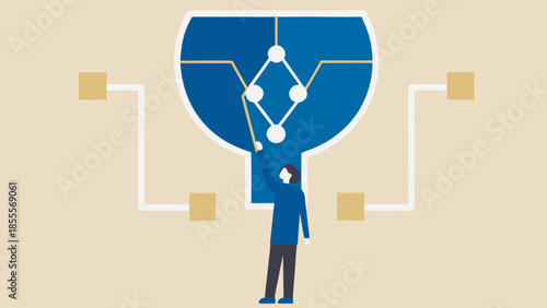 Flat vector illustration of a person fitting the final piece to a large jigsaw puzzle