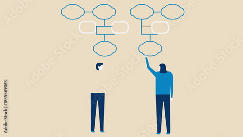 Flat vector design of people connecting and discussing floating thought bubbles and ideas