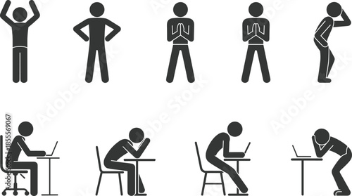 Stick Figure Icons Depicting Various Poses and Emotions of People Sitting and Standing pictogram silhouette