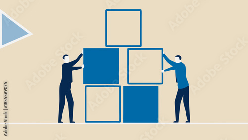 Flat vector illustration of two professionals assembling large blue and beige blocks