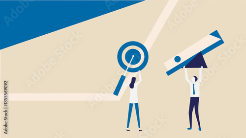 Flat vector illustration of team members working together with large magnifying glass