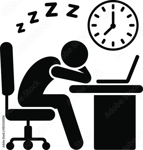 Stick figure sleeping at desk with laptop and clock showing late hour tired exhausted