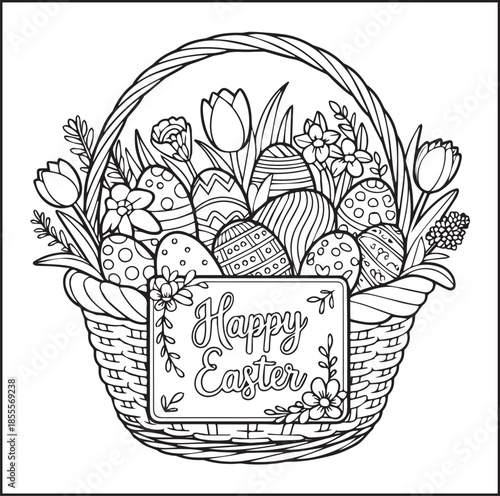 Happy easter day coloring page with quote text for kids and adults black line art illustration for print ready vector elements