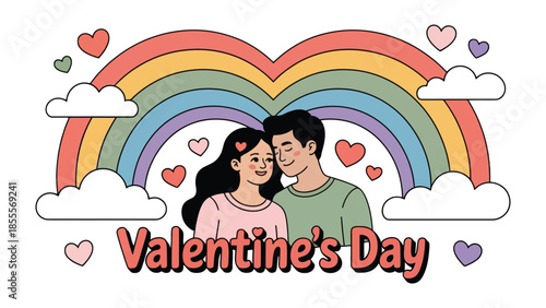 Eternal Embrace Under the Rainbow: A tender moment of love and connection, with a couple beneath a colorful rainbow. Perfect for Valentine's Day and conveys feelings of happiness, affection.