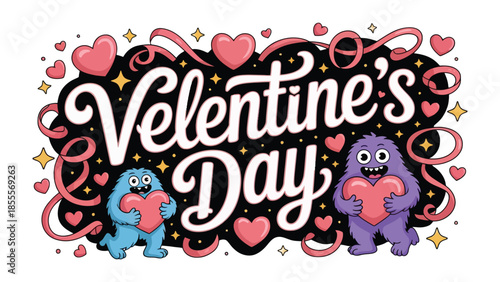 Valentine's Day Hearts and Monsters: Charming cartoon monsters expressing love amidst a vibrant Valentine's Day setting, filled with hearts and whimsical design elements.