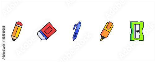 Vibrant Classroom Writing Supplies Icon Collection for Students