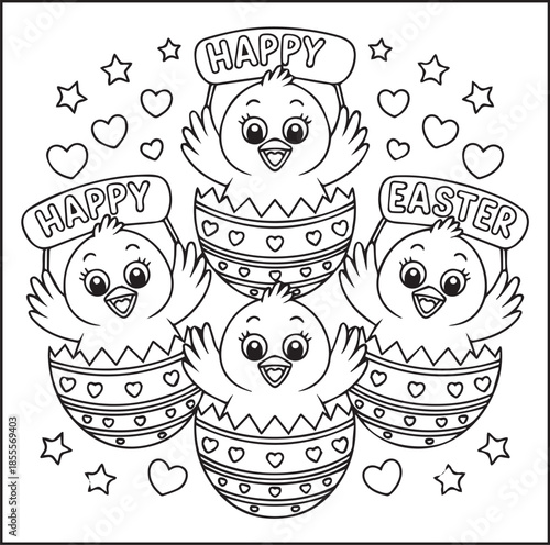 Happy easter day coloring page with quote text for kids and adults black line art illustration for print ready vector elements