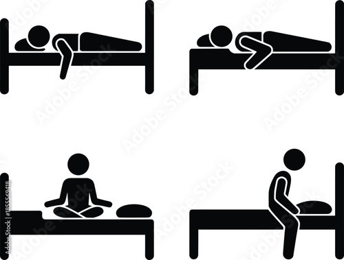 Stick figure sleeping positions on bed and meditating on white background bedroom rest