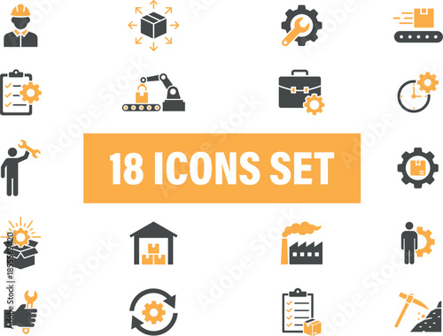 Industrial and Manufacturing Process Icons Set. related to industry and manufacturing process. 
Including industry, manufacturing, workers, machinery, and production processes. solid vector icons