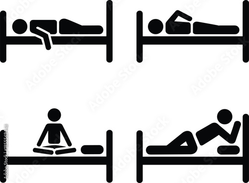 Stick figure sleeping positions on bed and meditating on white background bedroom rest