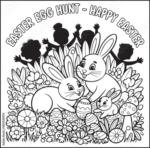 Happy easter day coloring page with quote text for kids and adults black line art illustration for print ready vector elements