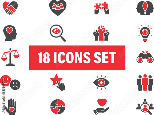 Core values solid icons set. Including emotions, love, vision, diversity, balance, efficiency 
and loyalty. Solid vector icons set