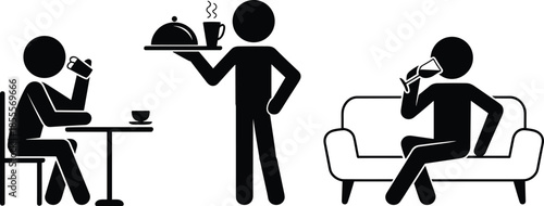 Stick figures dining and being served in a cafe or restaurant setting serving