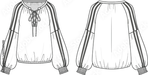  Boho blouse fashion flat sketch with puff sleeves and lace neckline, long sleeve women top technical drawing, vector apparel design illustration