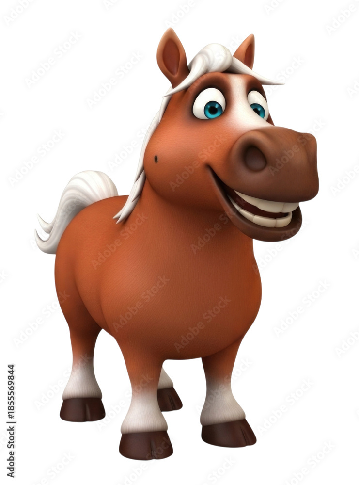 Obraz premium 3d cartoon brown horse with white mane and tail transparent background cutout png