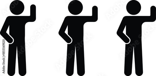 Three Black Silhouettes of People Waving with Hand Raised on White Background greeting