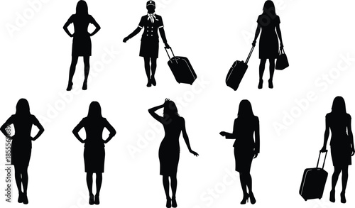 Flight attendant silhouettes set featuring air hostesses with suitcases and travel luggage in various professional poses isolated on white background
