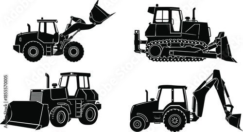 Heavy construction machinery silhouettes including wheel loader, crawler bulldozer, front end loader, and backhoe excavator isolated on white background for industrial design