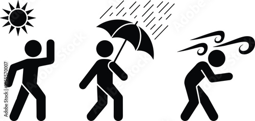 Weather conditions icons sun rain wind stick figures on white background Keywords: sun, sunshine, bright, hot, weather, person
