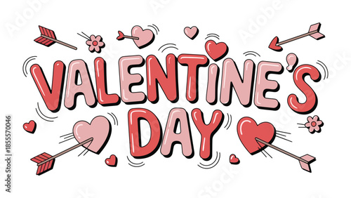 Valentine's Day Greeting: Festive illustration of Valentine's Day words and arrows pierced through hearts expressing romance.