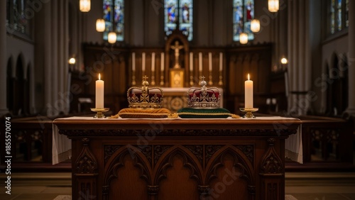 Two regal crowns displayed on velvet cushions beside lit candles on an ornate altar in a grand church