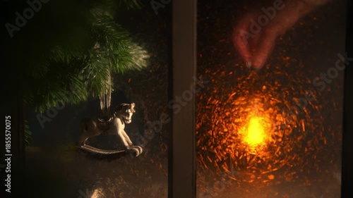 Christmas rocking horse ornament hanging from a pine branch, viewed through a window, with a glowing lantern light illuminating a dark, cozy holiday scene creating a nostalgic atmosphere