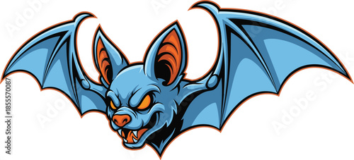 Fierce blue bat mascot illustration with spread wings and orange eyes featuring aggressive snarling expression for sports team logo design