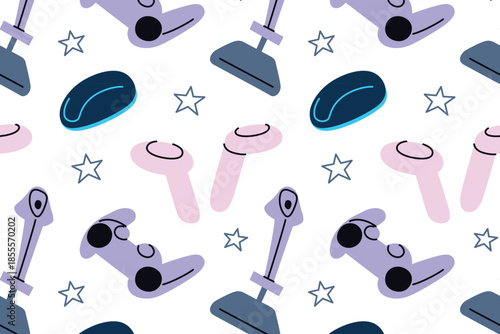 Flat cartoon vector illustration of videogame pattern with game controllers, joysticks, computer mice and virtual reality theme, modern digital tech style, seamless design for computer gaming decor
