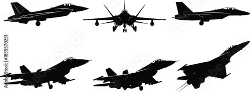 Military fighter jet silhouettes set featuring modern air force combat aircraft in various flight positions isolated on white background for aviation design