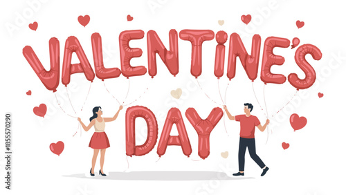 Valentine's Day Celebration: A romantic couple celebrates Valentine's Day by holding a balloon spelling VALENTINE'S DAY, surrounded by floating heart balloons. conveying love, warmth.