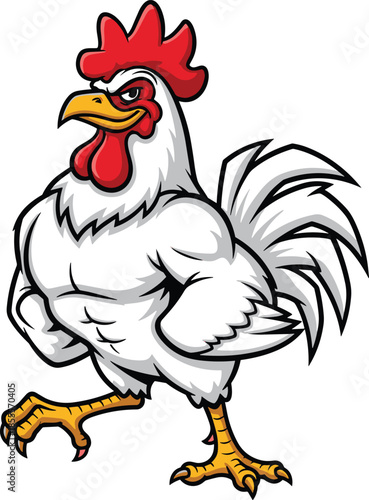 Cartoon muscular rooster, confident stance, anthropomorphic farm animal, strong character design, bold mascot pose, feathered hero, flat vector illustration
