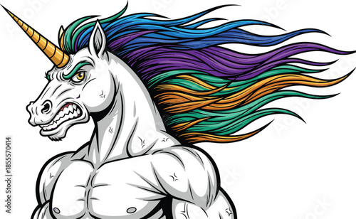 Cartoon muscular unicorn, fierce expression, golden horn, rainbow mane, fantasy creature, strong pose, heroic design, flat vector illustration