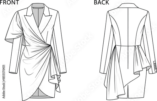  Asymmetrical draped blazer dress fashion sketch, structured tailored wrap design with ruching details and long sleeves, elegant runway style garment illustration