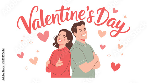 Valentine's Day Couple in Love: A couple, radiating joy, stands back to back, arms crossed, surrounded by hearts, perfectly illustrating the essence of Valentine's Day.