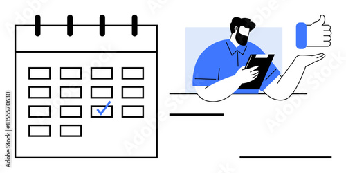 Task management, productivity, scheduling, organization, planning, approval. A calendar shows a check mark, and a person holds a tablet with a hand giving thumbs-up. Task management and scheduling