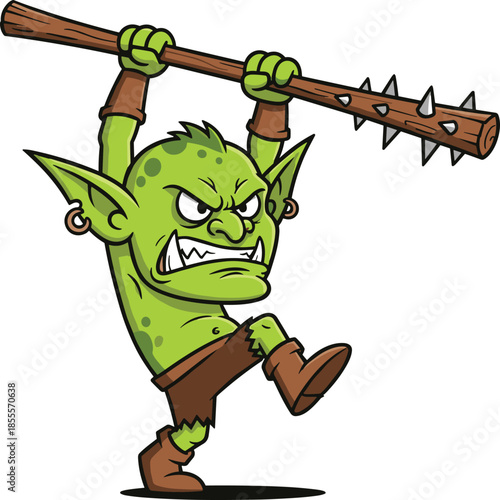 Cartoon goblin warrior, green monster, spiked club weapon, aggressive stance, fantasy fighter, fierce character design, flat vector illustration