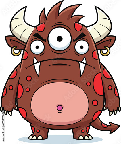 Cartoon monster character, red spots, three eyes, spiked horns, pink belly, fantasy creature, fierce expression, flat vector illustration