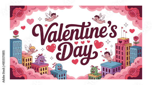 Valentine's Day Cityscape: A whimsical illustration depicts a city celebrating Valentine's Day. It captures the essence of romance with hearts, cherubs, and roses.
