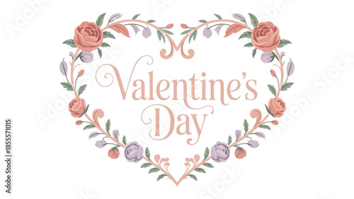 Valentine's Day Floral Delight: A heart-shaped wreath of delicate blooms and foliage frames the words Valentine's Day, evoking feelings of romance, love, and celebration.